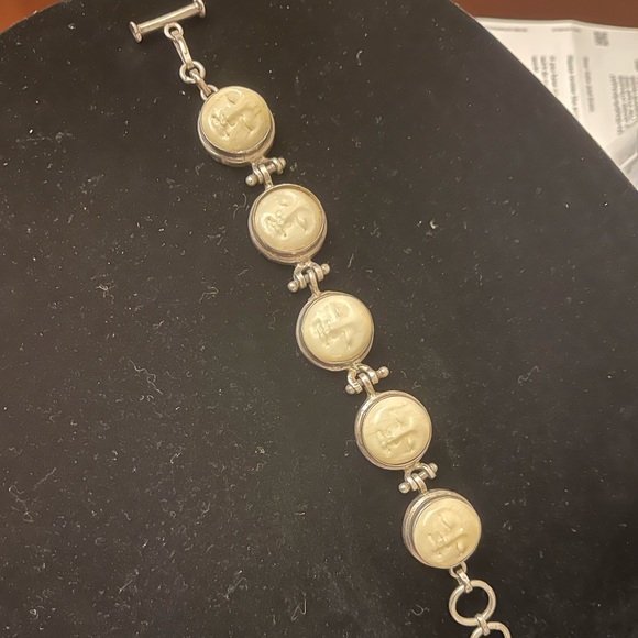 Carved Bone Moon Face Sterling Silver Bracelet with Toggle Clasp - Picture 1 of 6